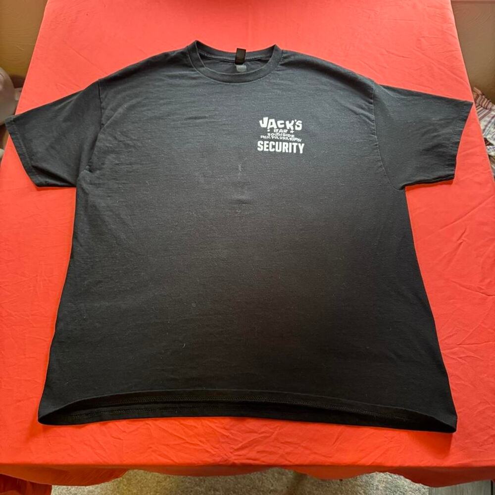 Black Gildan Jack's Bar Security T-shirt white text reading JACK'S BAR SECURITY